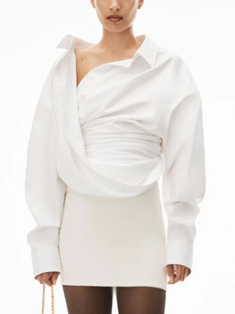 TWOTWINSTYLE Solid Irregular Designer Blouses For Women Lapel Long Sleeve Patchwork Button Casual Blouse Female Fashion Clothing WHITE