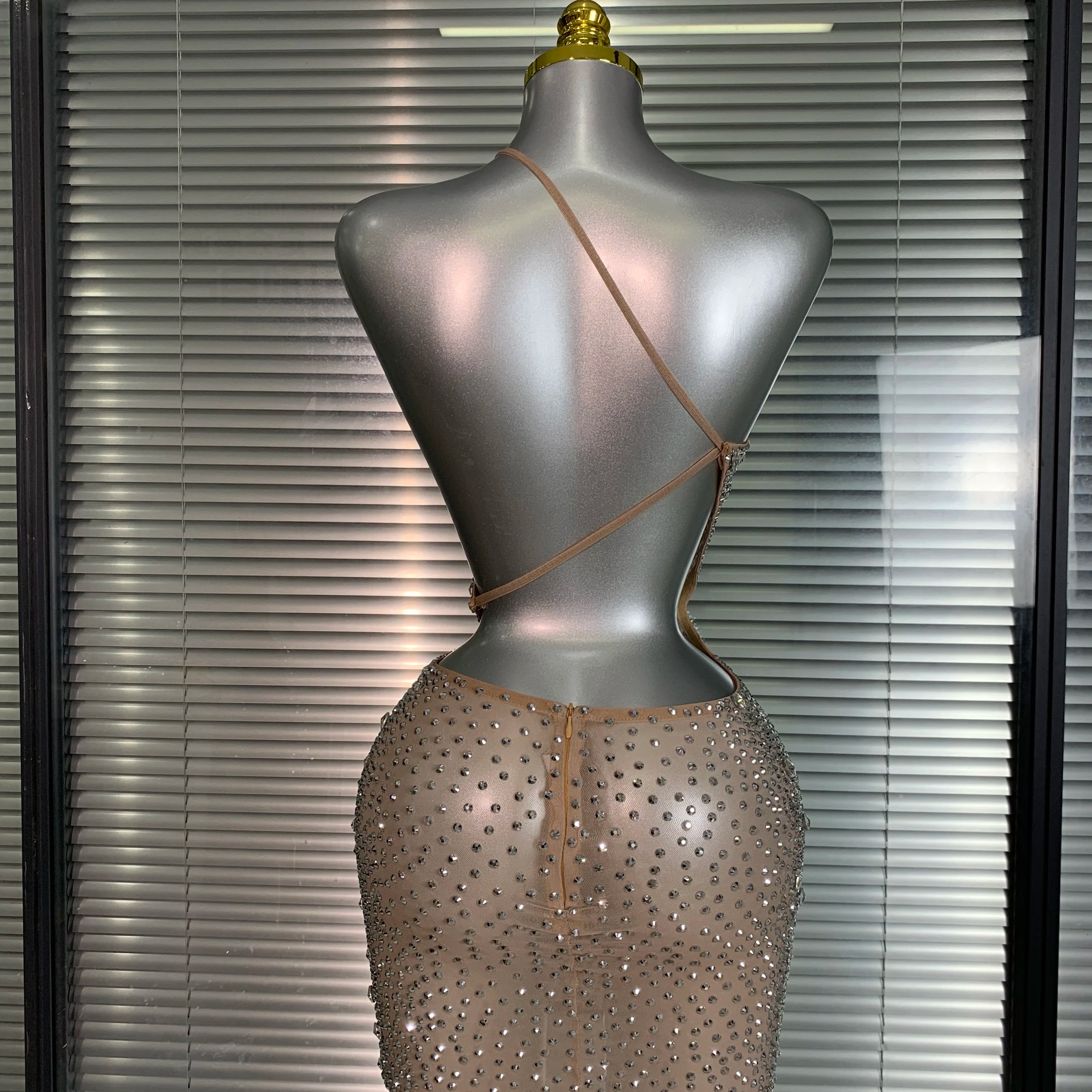 Women Sexy Mesh Silver Crystal Diamonds Rhinestone Mini Cut Out Costume Stage Dancer See Through Stretchy Night Club Party Dress