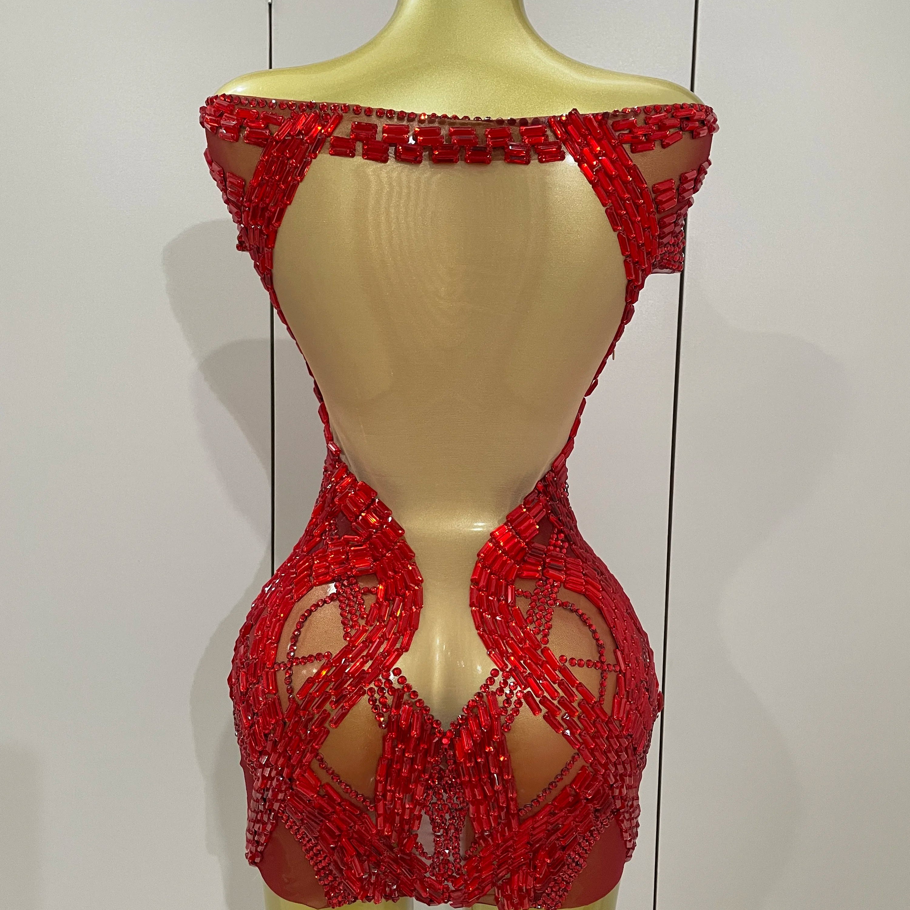 2025 Shining Red Rhinestones Sexy Mesh See-Through Mini Dress Women Celebrate Evening Prom Birthday Party Dress Stage Shoot Wear