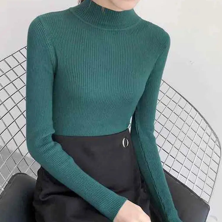 Autumn Winter Mock Neck Women Sweater Vintage Basic Solid Knitted Tops Casual Slim Pullover Korean Sweaters Simple Chic Jumpers green One Size