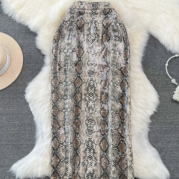 Women Chic Shinning Print Midi Skirt Zipper High Waist Leopard Zebra Wild Style Retro Long Skirts Mujer