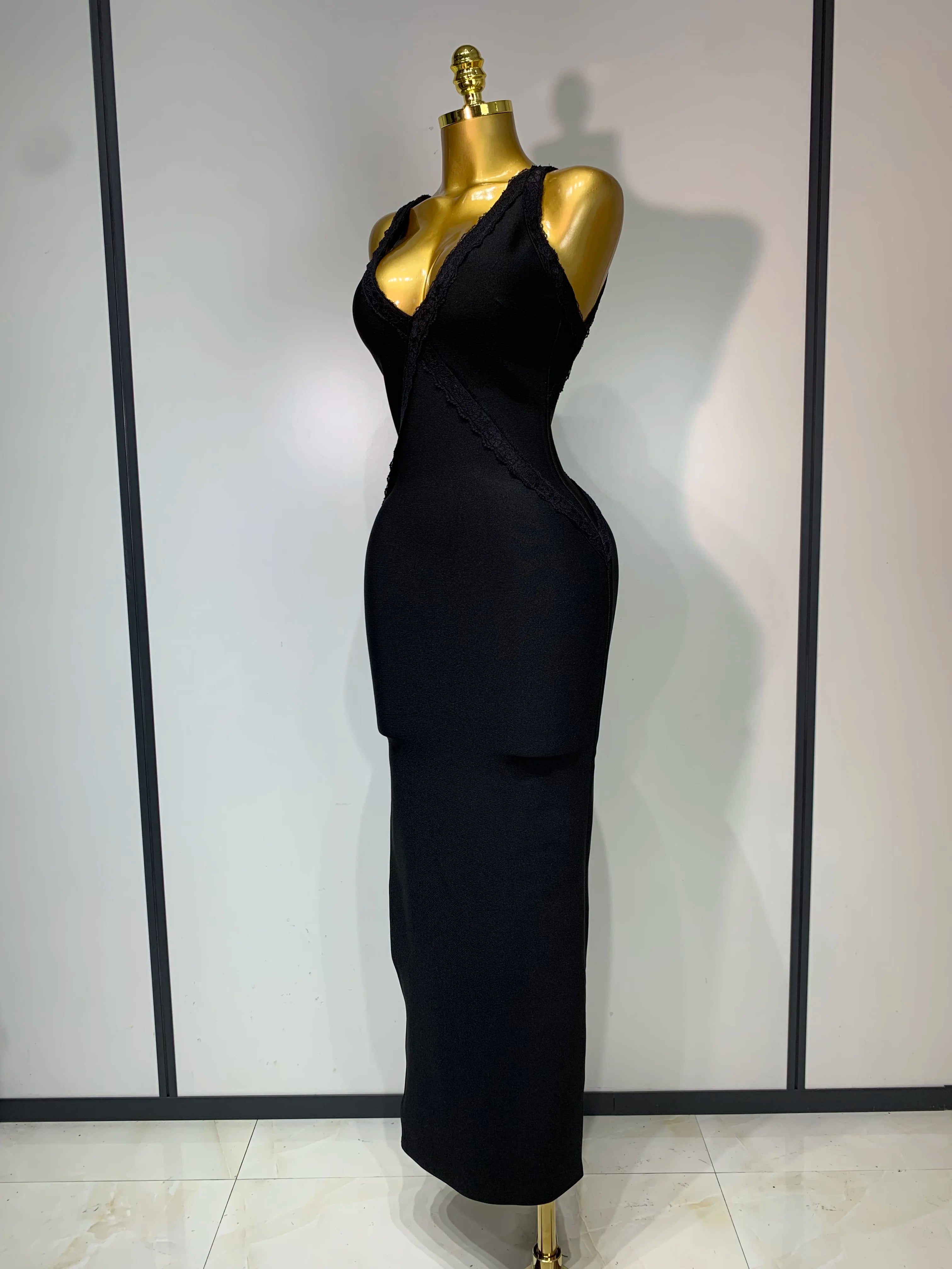 High Quality Sexy V Neck Black Lace Prom Dress Sleeveless Evening Party Gown Celebrity Elegant Luxury Birthday Club Dresses