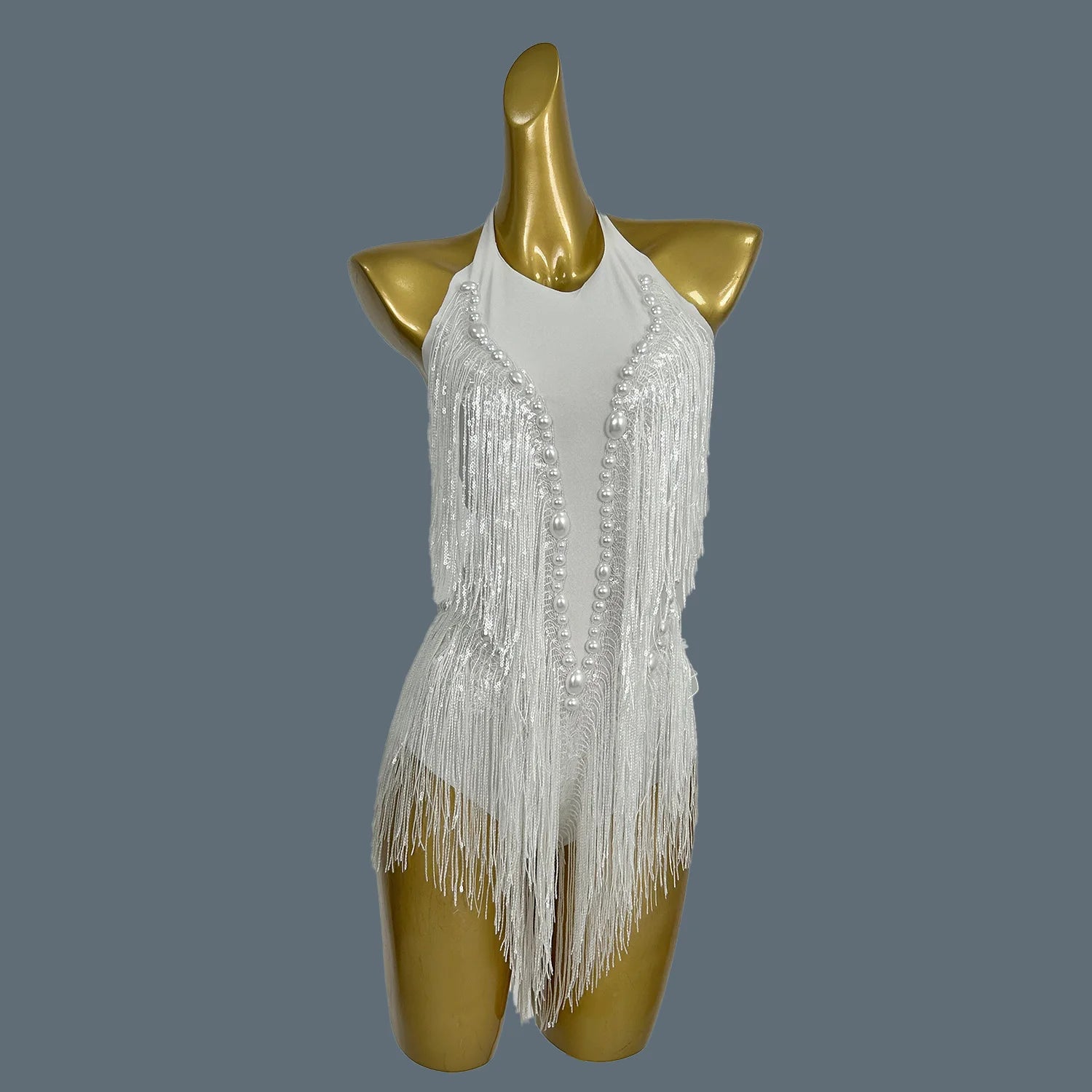 Sparkly Women White Tassel Leotard Sexy Pearls Sequins Fringes Bodysuit Club Performance Wear Party Stage Dance Costumes Shuye