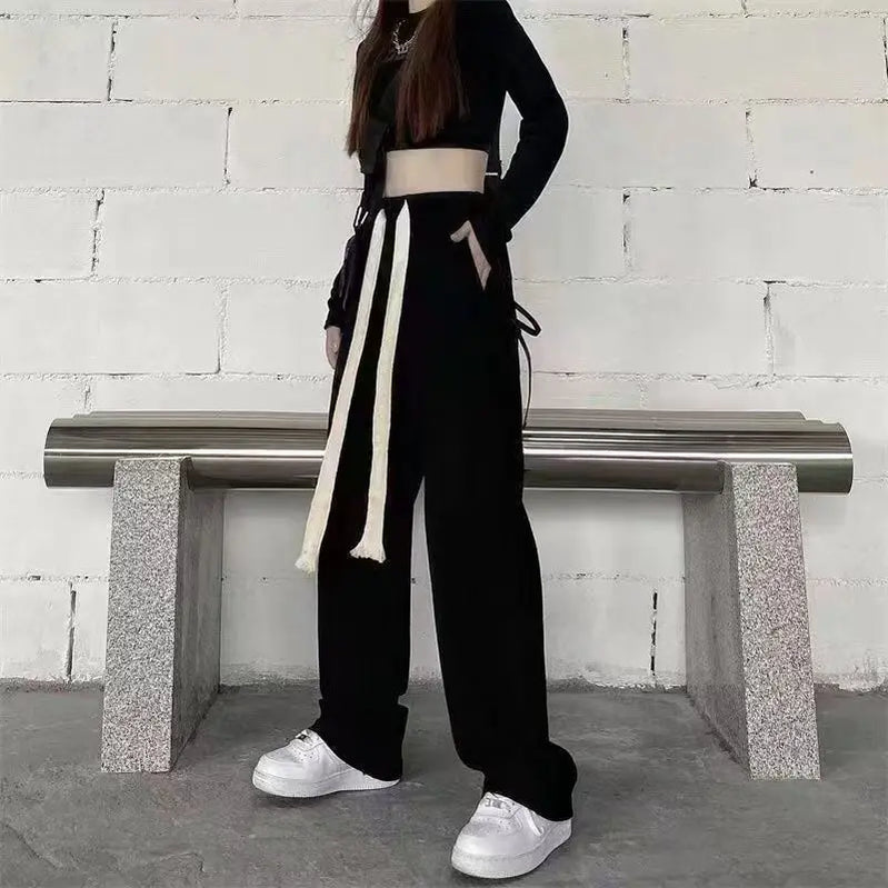 Korean Style Loose and Thickened Cotton Jacket Price Casual Wide Leg Pants Two-piece Elegant Women's Pants Set Winter Outfits only black pants