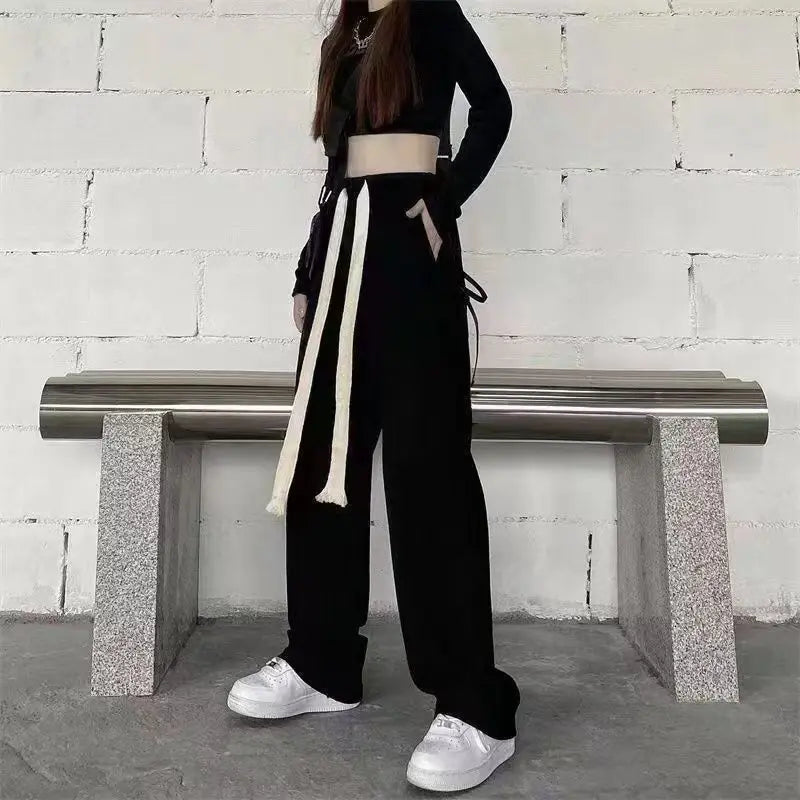 Korean Style Loose and Thickened Cotton Jacket Price Casual Wide Leg Pants Two-piece Elegant Women's Pants Set Winter Outfits only black pants