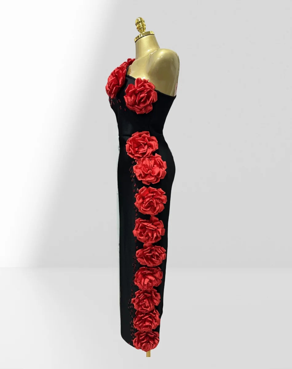 2025 New Red Flowers Shining Diamonds Sexy Oblique Shoulder Black Bandage Dress Woman Birthday Party Dress Wedding Party Outfit