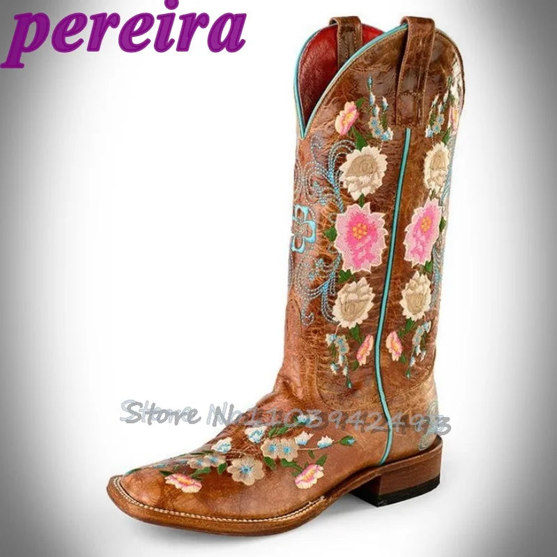 Embroidered Flower Boots Rose Garden Botas Mid-Calf Brown Square Heel Booties Cowboy Autumn Winter Zapatos Slip On Outer Shoes