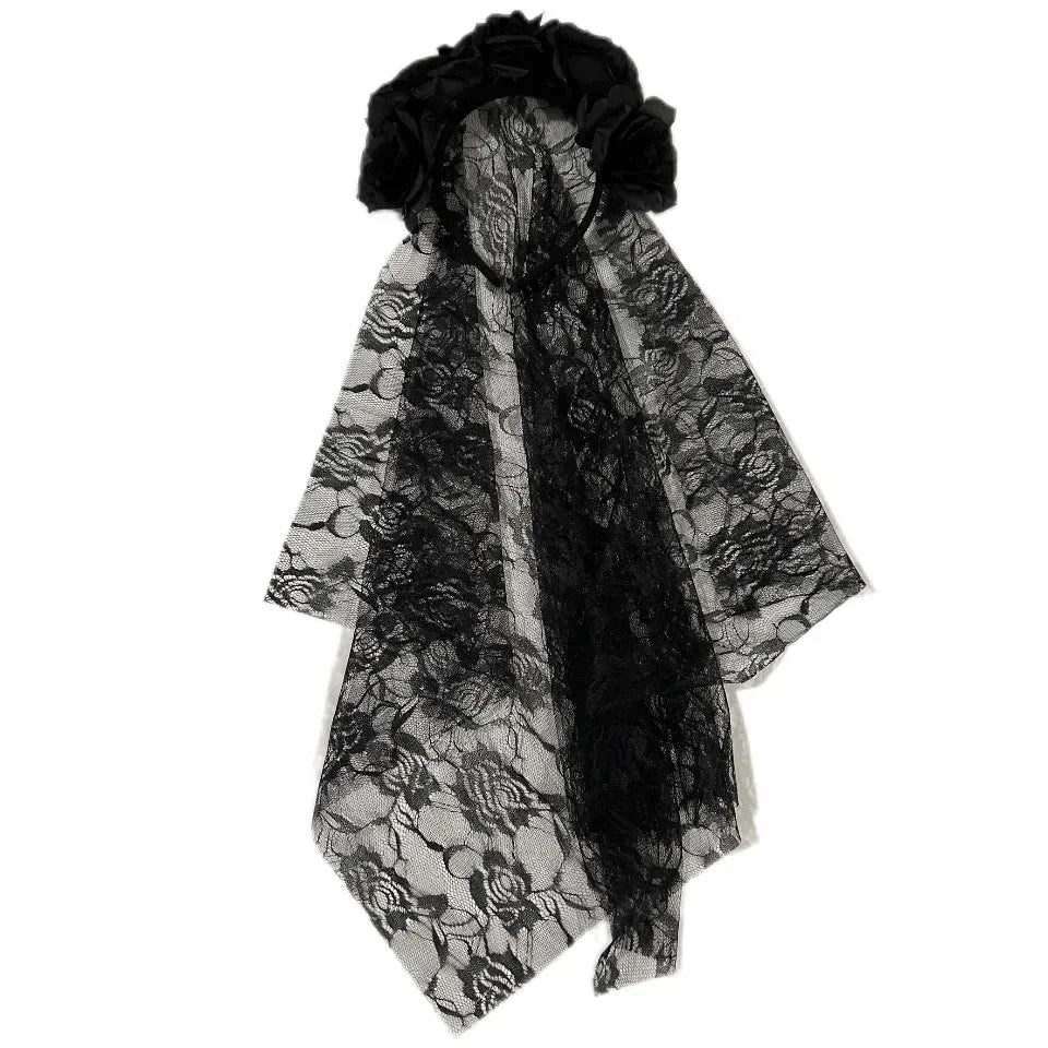 1PCS Black Veil Halloween Rose Flower Headband Costume Cosplay Wedding Mexican Rose Flower Crown Headband Day of The Dead Party C One Size