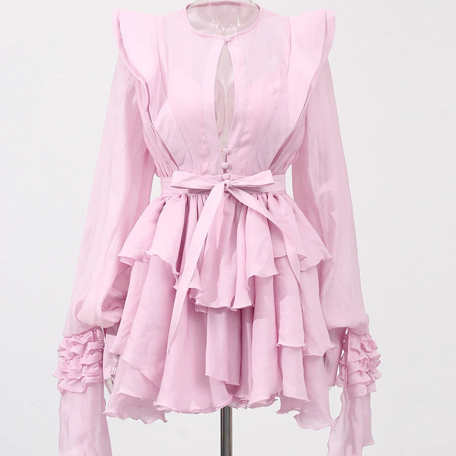 TWOTWINSTYLE Slimming Spliced Ruffles Folds Dresses for Women Round Neck Long Sleeves Patchwork Button Dress Female Fashion New