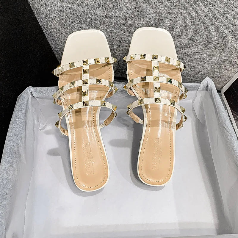 Summer low heel women rivets sandals thin ribbon fashion Korean design girls shoes large size wear slippers free delivery