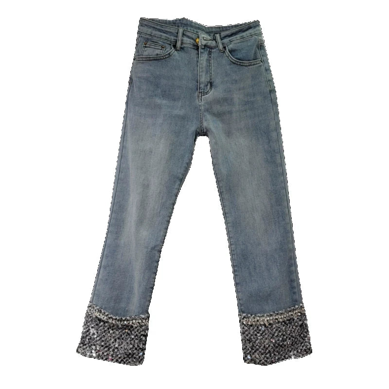 European Fashion Blue Jeans Woman Autumn and Winter New High Waist Straight Stitching Sequin Curling Ankle-Length Pants