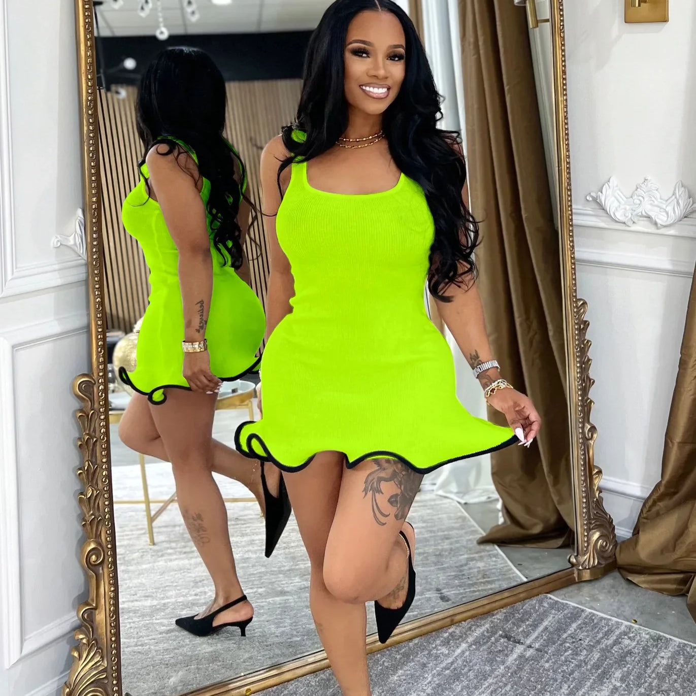 CM.YAYA Women Sleeveless O-neck Tank Mini Dress 2025 Summer Slim Sexy Sweet Club Party Evening High Street Ruffles Dresses Fluorescent Green