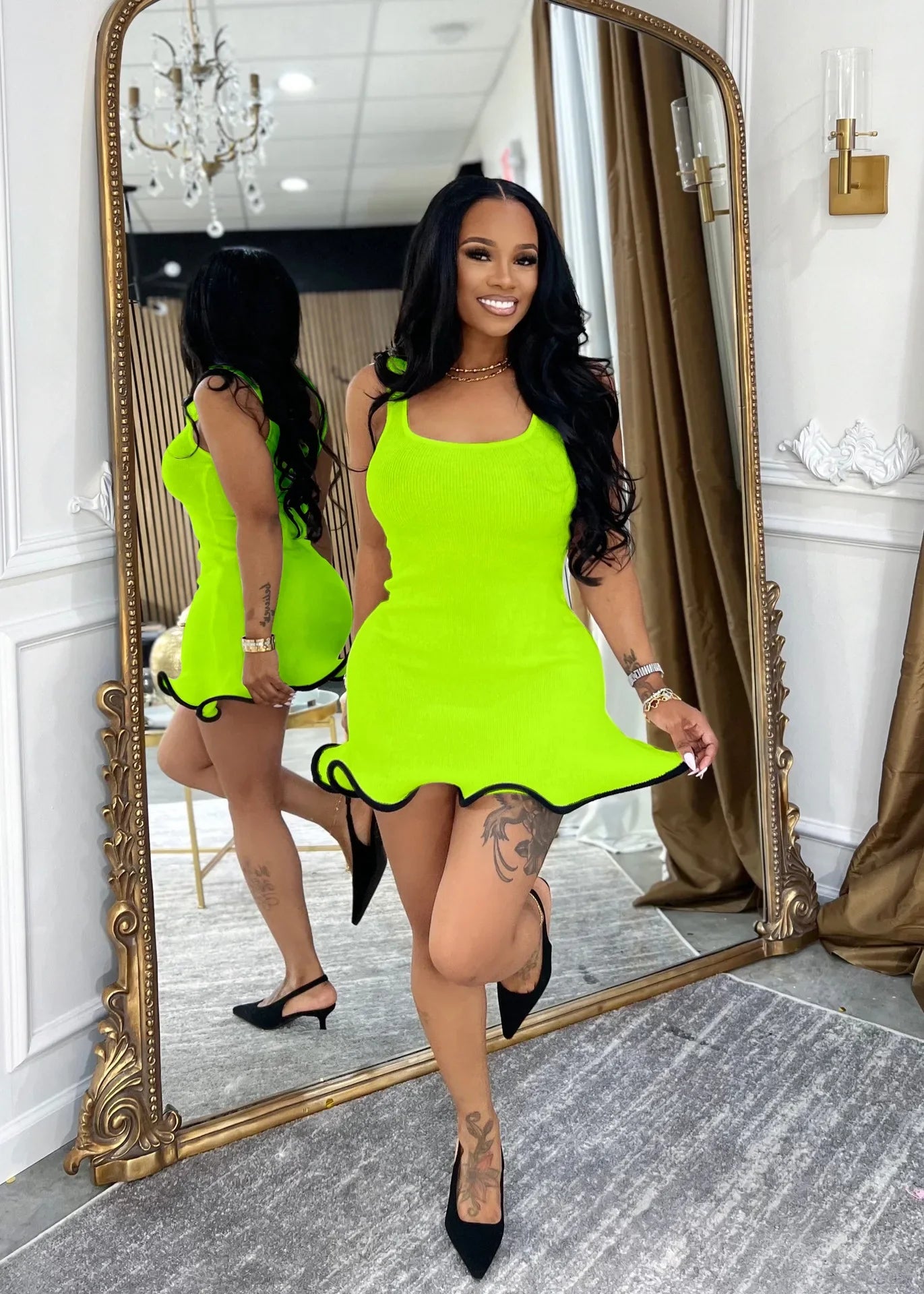 CM.YAYA Women Sleeveless O-neck Tank Mini Dress 2025 Summer Slim Sexy Sweet Club Party Evening High Street Ruffles Dresses Fluorescent Green