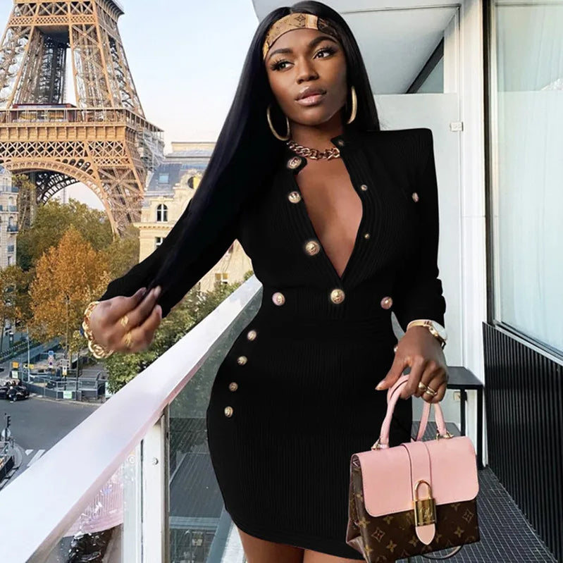 Winter Style Sexy Long Sleeve Key Hole Button Pink Mini Women Bodycon Bandage Dress Elegant Evening Club Party Dress black