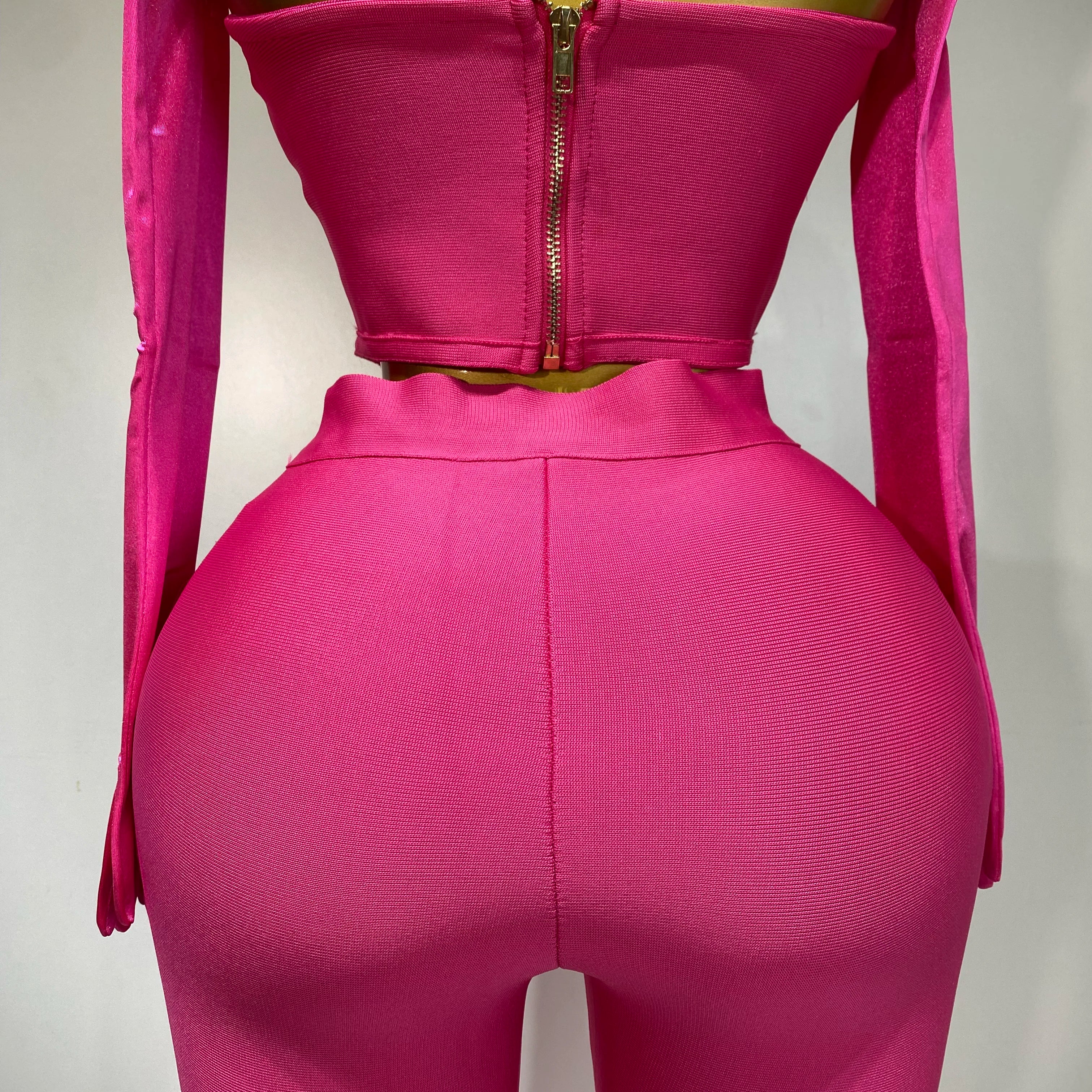 Women Sexy Strapless Backless Hot Pink Glove Pants Bandage Three Piece Suit Celebrity Designer Fashion High Street Pant Suits