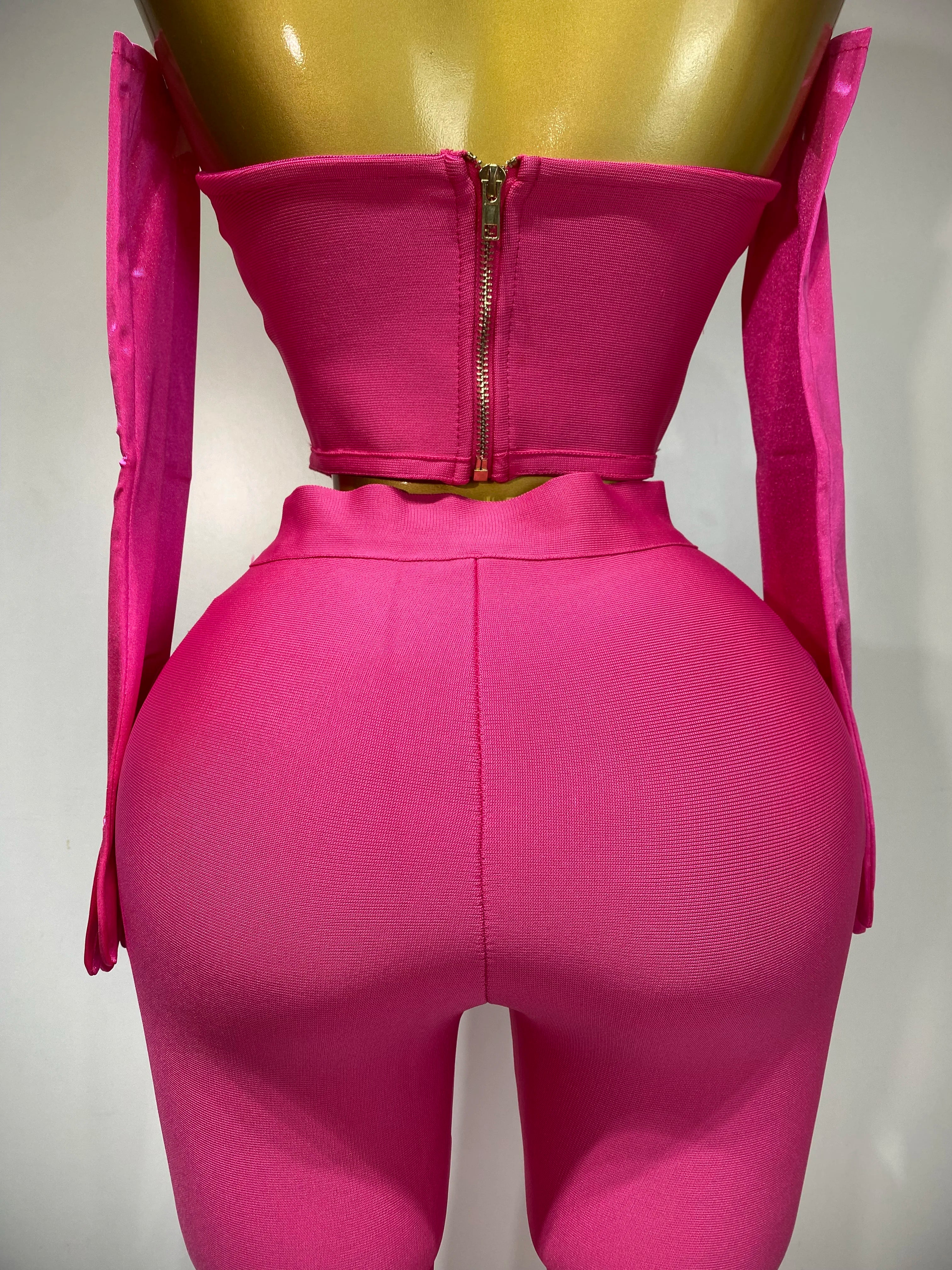 Women Sexy Strapless Backless Hot Pink Glove Pants Bandage Three Piece Suit Celebrity Designer Fashion High Street Pant Suits