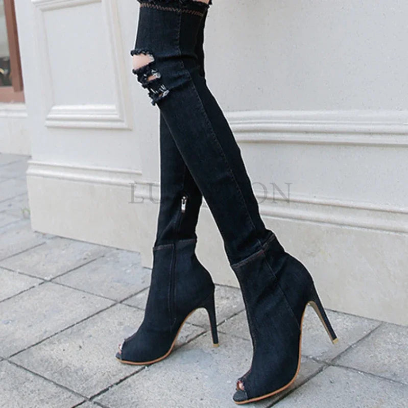 Fashion Women High Heels Spring Autumn Peep Toe Over The Knee Boots Tight High Stiletto Jeans Boots Cowboy Women Boots