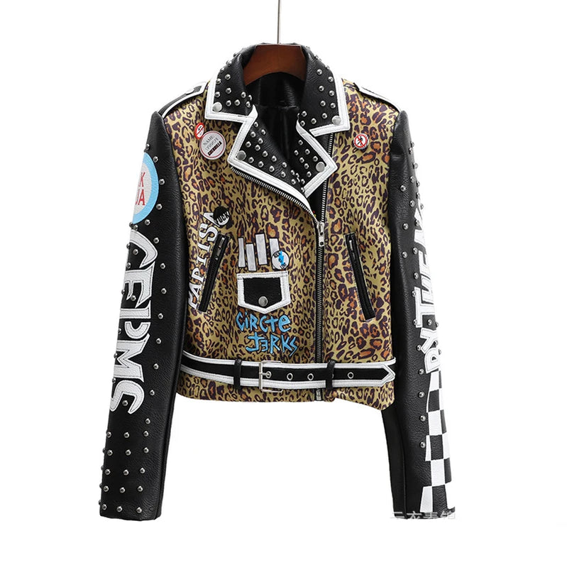 Punk Rivets Cropped Leather Jacket for Women Trend Streetwear Patchwork Leopard Print Faux Leather Motorcycle Jacket black