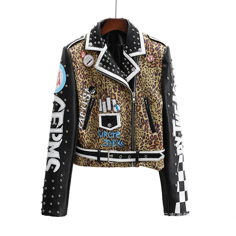 Punk Rivets Cropped Leather Jacket for Women Trend Streetwear Patchwork Leopard Print Faux Leather Motorcycle Jacket black