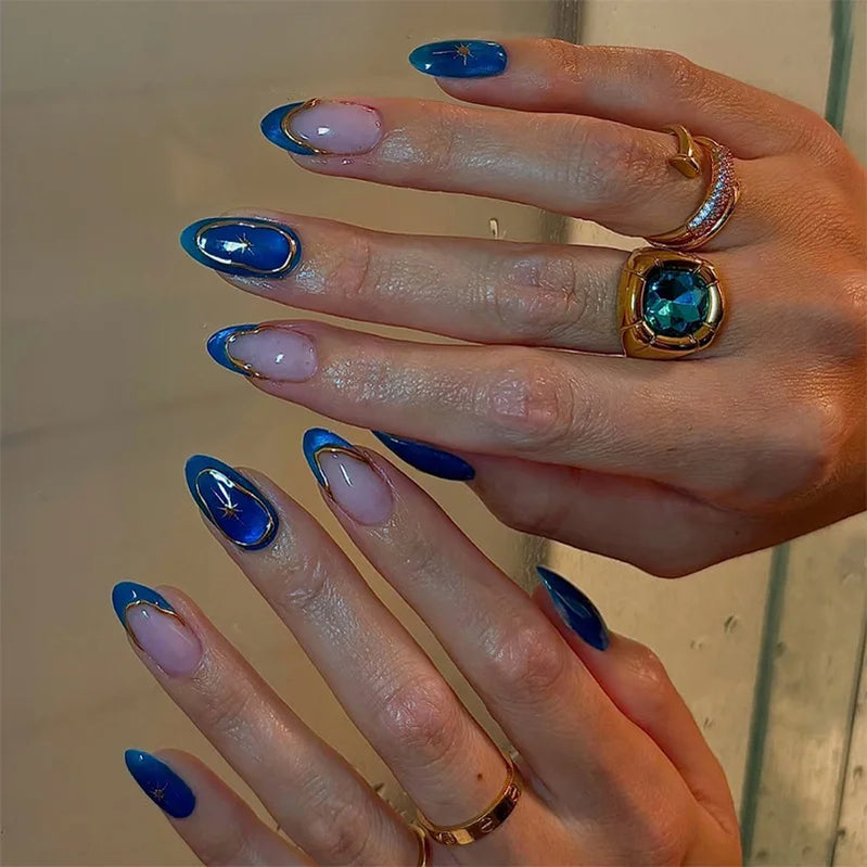 24Pcs 3D Cat-eye Dark Blue Design False Nails with Irregular Lines Spice Girl Detachable Nail Tips Short Oval Nails Set Press On