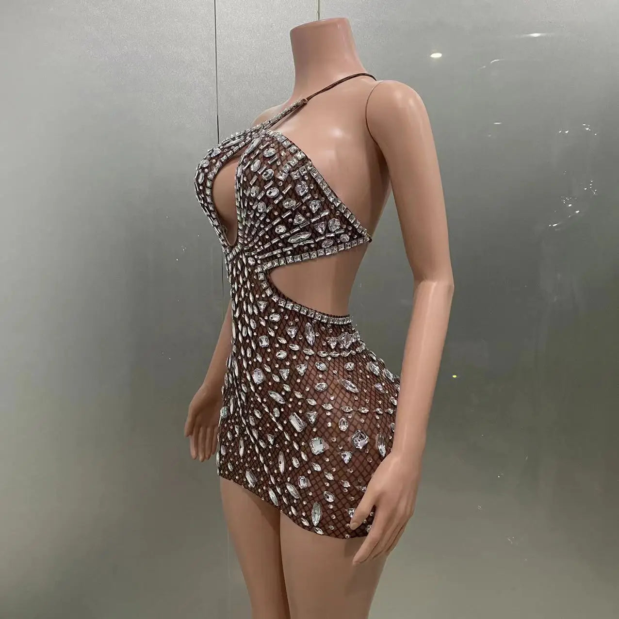 2024 New Fashion Women Sexy Off the Shoulder Mesh See Through Bodycon Mini Dress Crystal Nightclub Party Celebrate Stage Wear