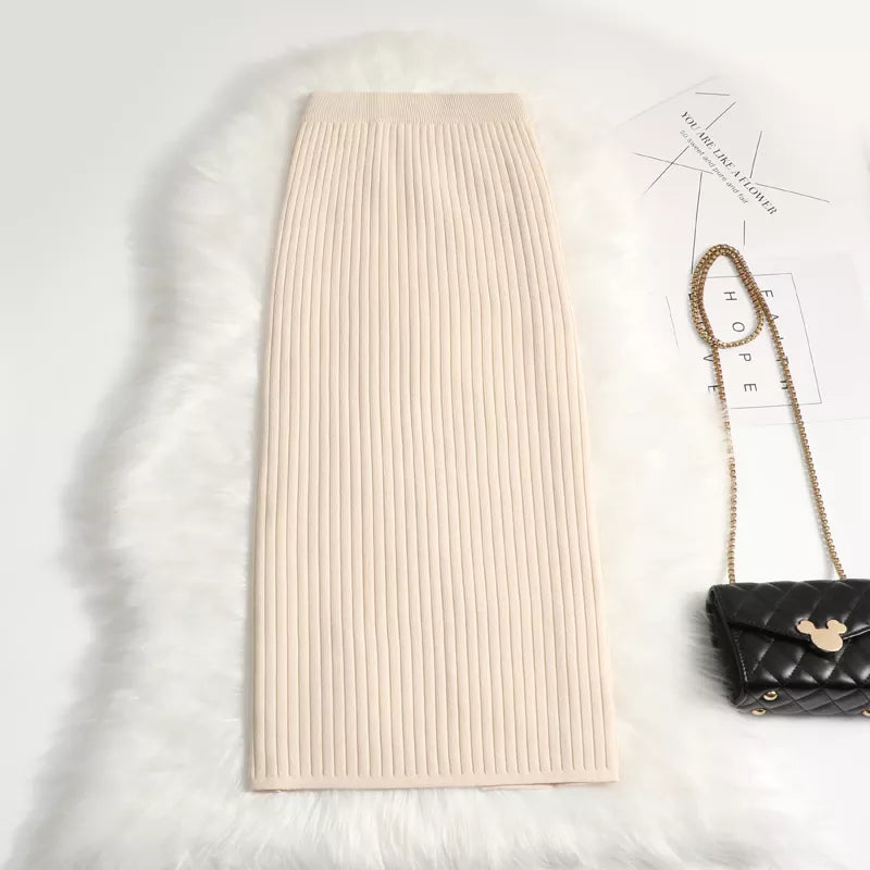 Women sweater skirt pencil midi knitted skirt high waist skirts womens winter long warm knitting skirts split bottoms Beige