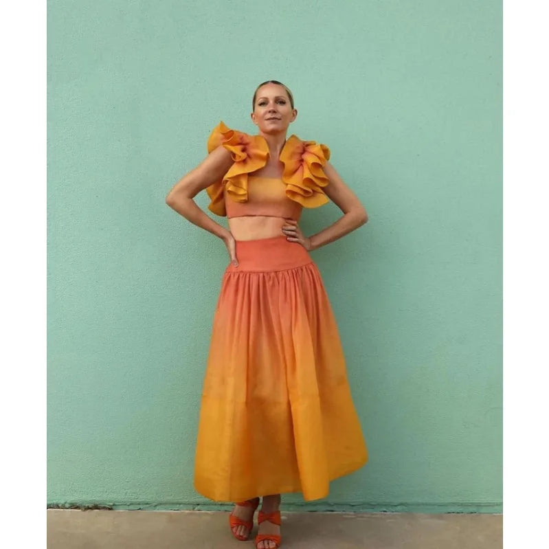 Elegant Women Two Piece Set Y2K Outfits Sexy Ruffle Crop Top Shirt High Waist Colorful Long Skirt Suit Vacation Boho Clothes Set