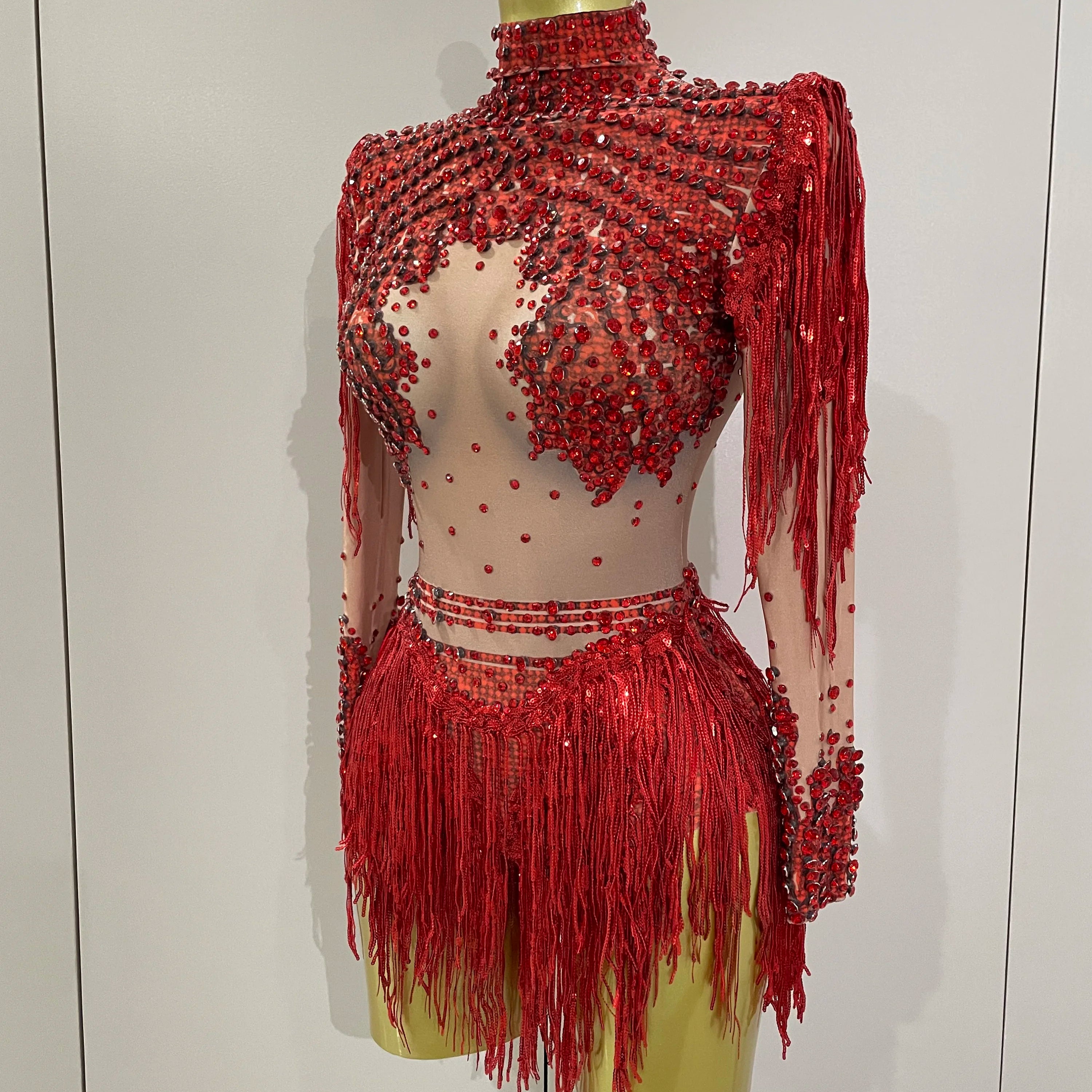 Sparkly Rhinestone Sequin Tassel Stretch Bodysuits 2025 New Arrival Women Birthday Party Nightclub Dj Stage Performance Costume