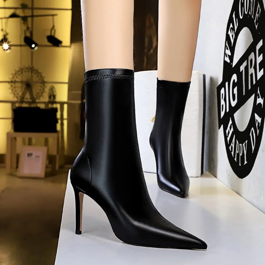 Women Leather 7.5cm 9.5cm High Heels Boots Lady Brown Spring Winter Warm Pointed Toe Boots Fetish Booties Nightclub Party Shoes