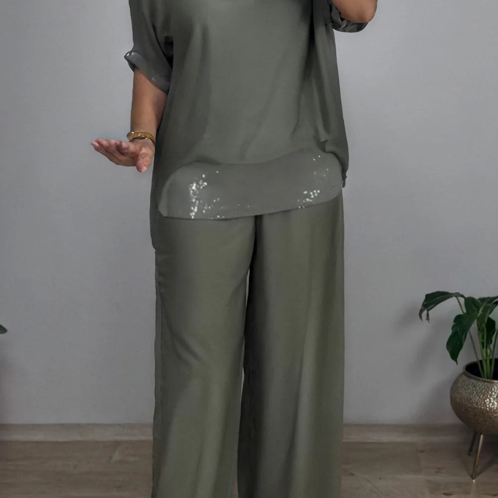 Plus Size Formal Green Elegant Round Neck Half Sleeve Pocket Chiffon Three Piece Sets