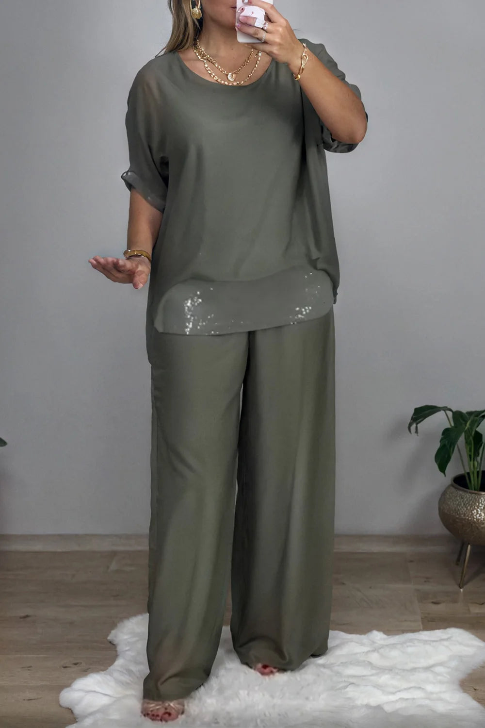 Plus Size Formal Green Elegant Round Neck Half Sleeve Pocket Chiffon Three Piece Sets