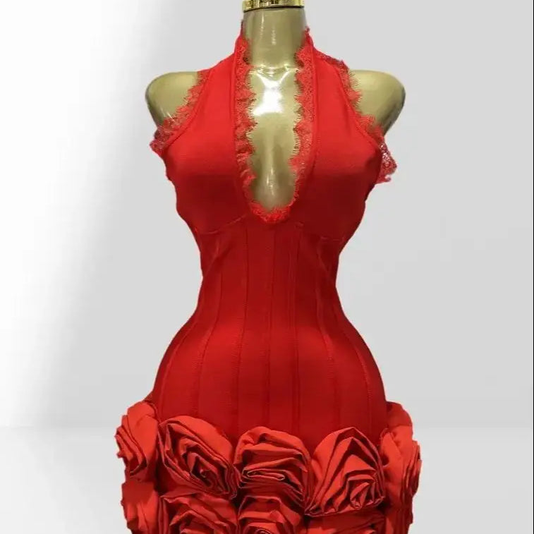 Stereoscopic Folwer Sexy Deep V-Neck Halter Sheath Red Bandage Mini Dress Sweet Woman Birthday Party Dress Music Festival Outfit