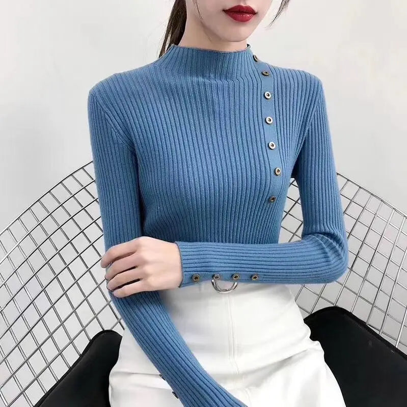 Women Autumn Knitted Slim Sweaters Solid Knitted Female Cotton Soft Elastic Color Pullovers Button Full Sleeve Turtleneck