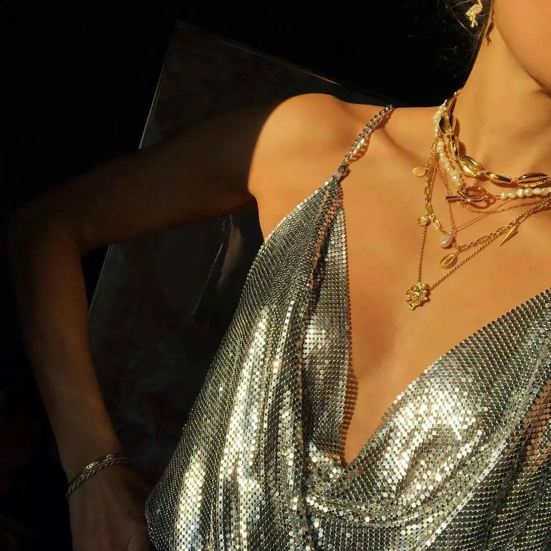 Sexy Rhinestone Backless Party Crop Top Women Glitter Turtleneck TShirt Adjustable Metal Chain Summer Nightculb Diamond Tank Top