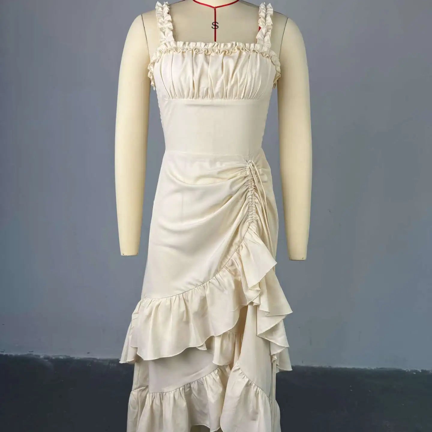 CM.YAYA Women Strap Slash Neck Cascading Ruffles Drawstring Ruched Up Long Maxi Dress 2025 Birthday Evening Sexy Dresses Vestido