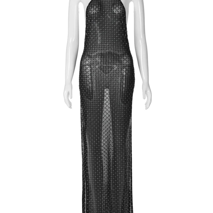 Shine Halter Black Backless Diamonds Slit Elegant Sexy Slim Maxi Dress Spring Summer Women Outfits Party Festival