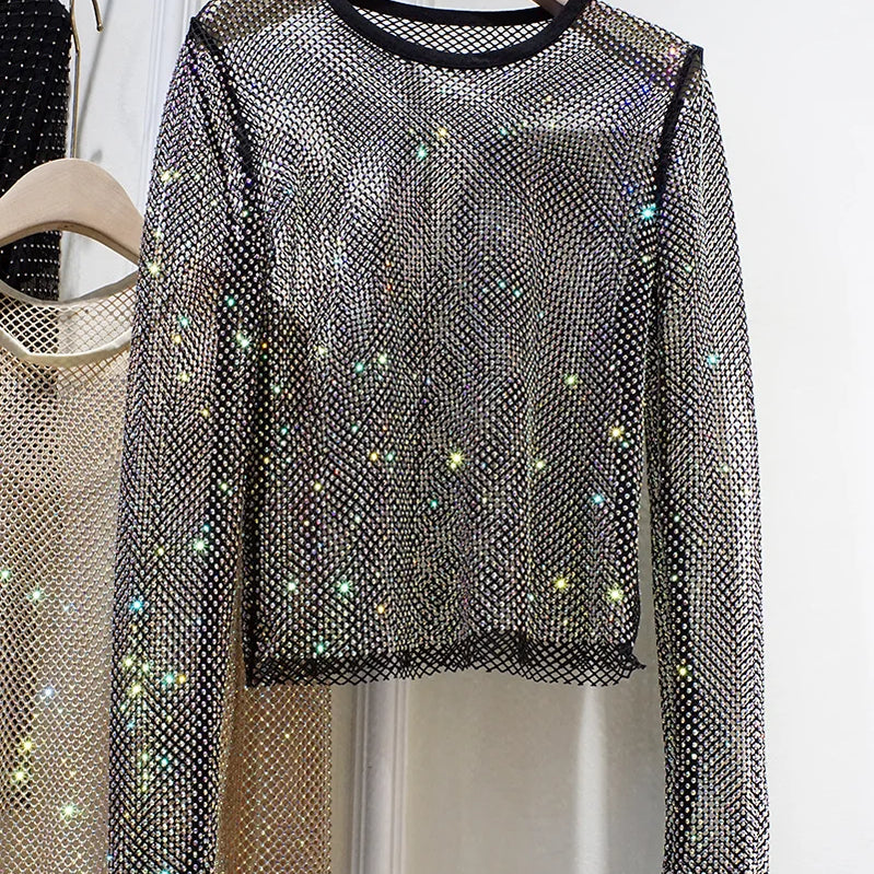 Ladies Temperament Rhinestone Round Neck Long Sleeve Bright Starlight Hollow Shiny Bottoming Shirt Women's Top Trend