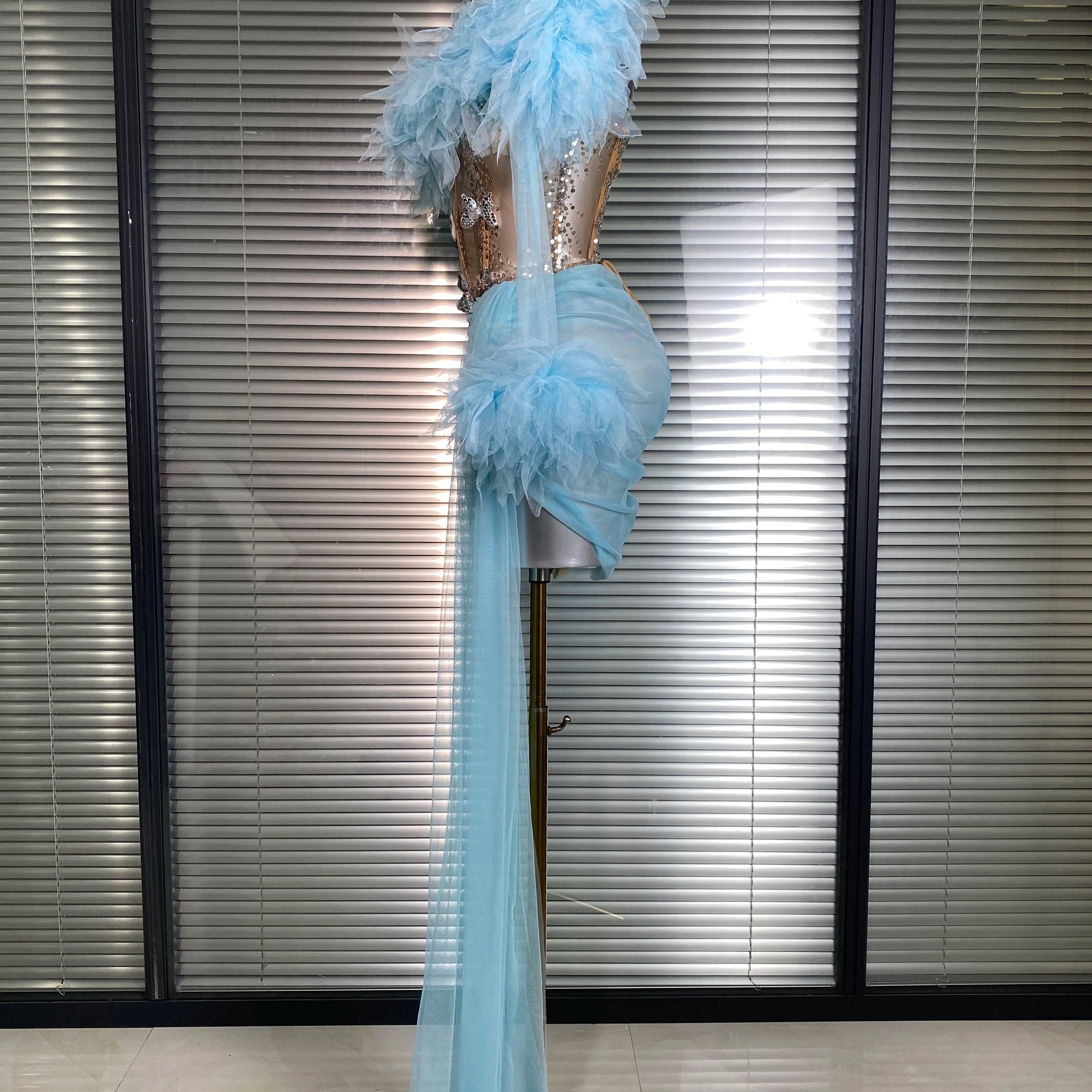 Summer New 2025 Sexy Two Pieces Set Women Celebrity Sky Blue Mesh Night Club Sheer Skirt Suits Stage Performance Costume