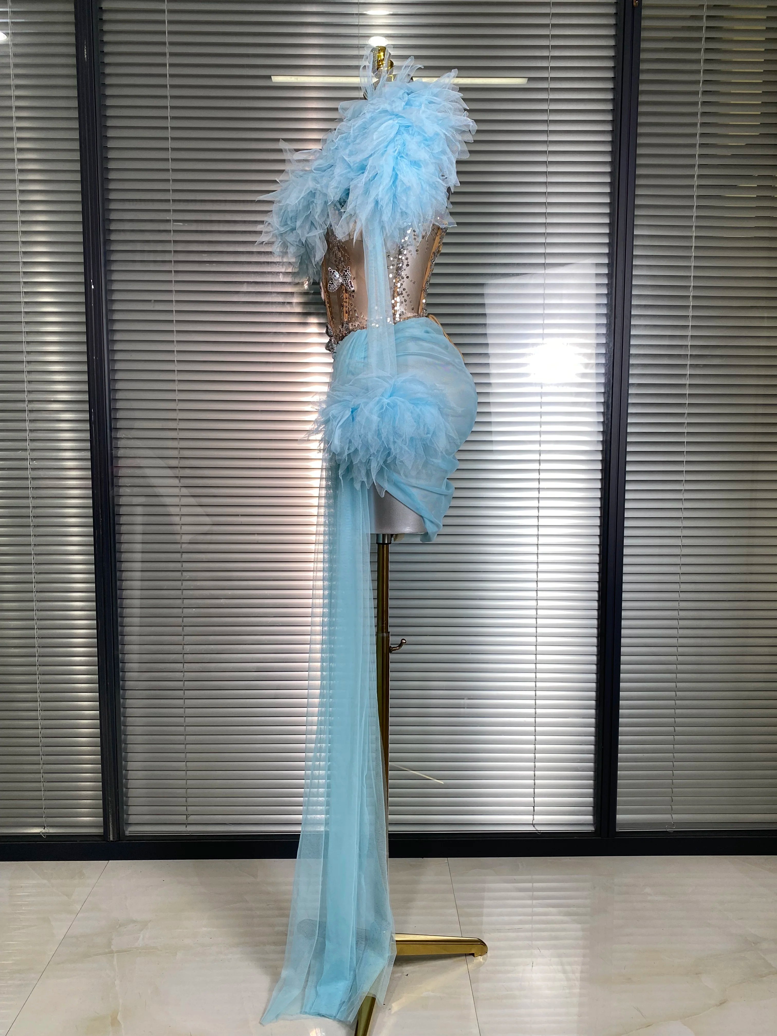 Summer New 2025 Sexy Two Pieces Set Women Celebrity Sky Blue Mesh Night Club Sheer Skirt Suits Stage Performance Costume