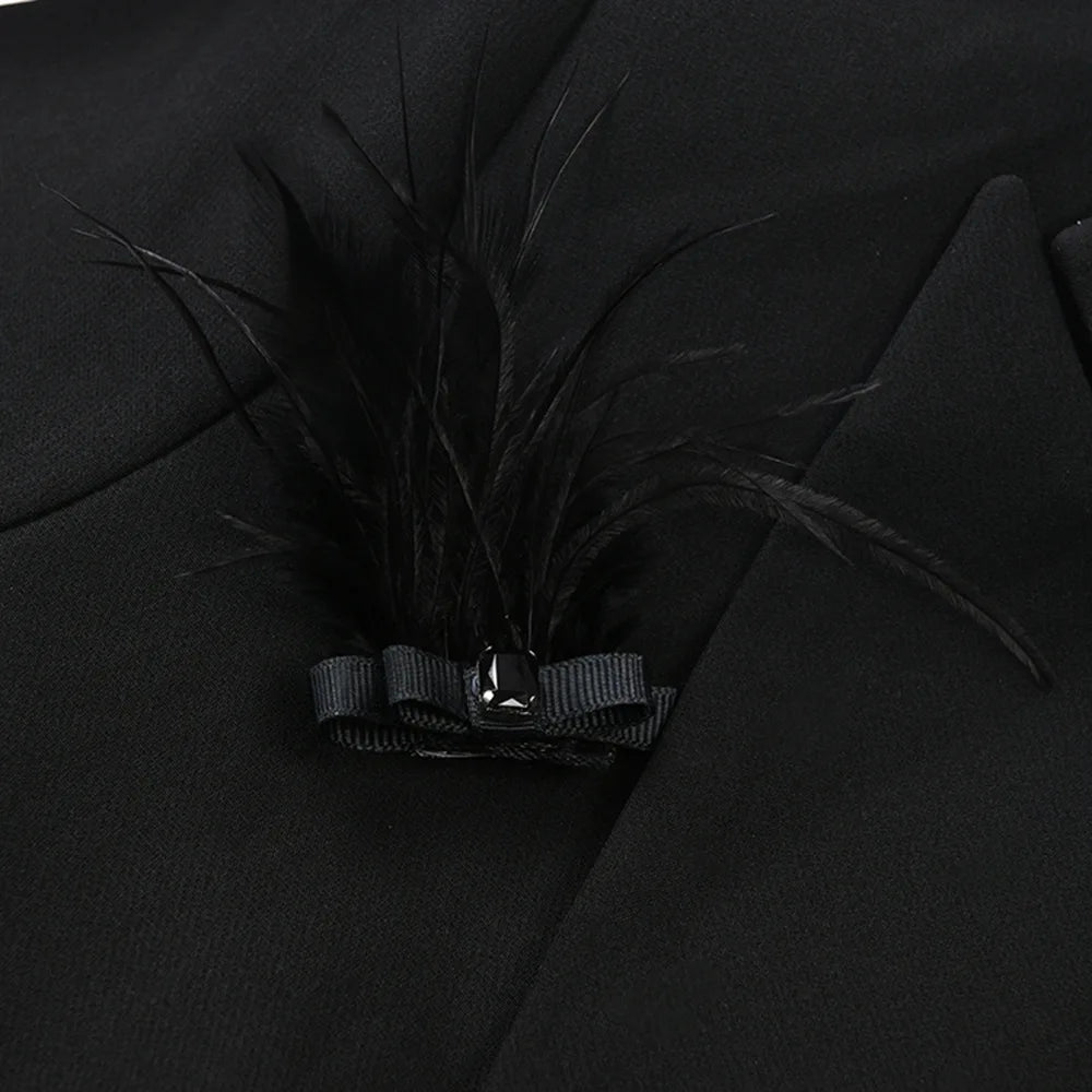 TWOTWINSTYLE Solid Slimming Spliced Bead Feather Blazers for Women Lapel Long Sleeves Patchwork Button Blazer Female Fashion New