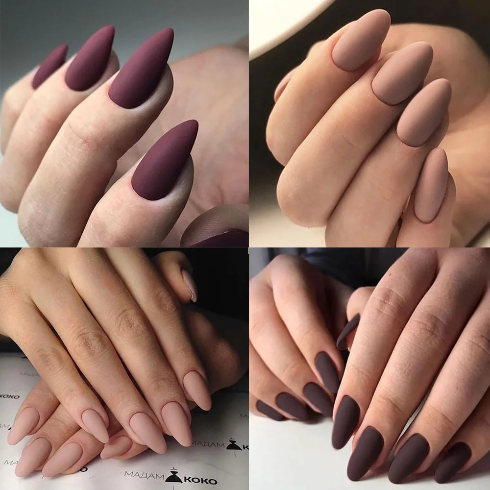 24pcs/set short fake nails for women girls almond ballet nail tips matte red nude brown faux ongles press on acrylic false nail