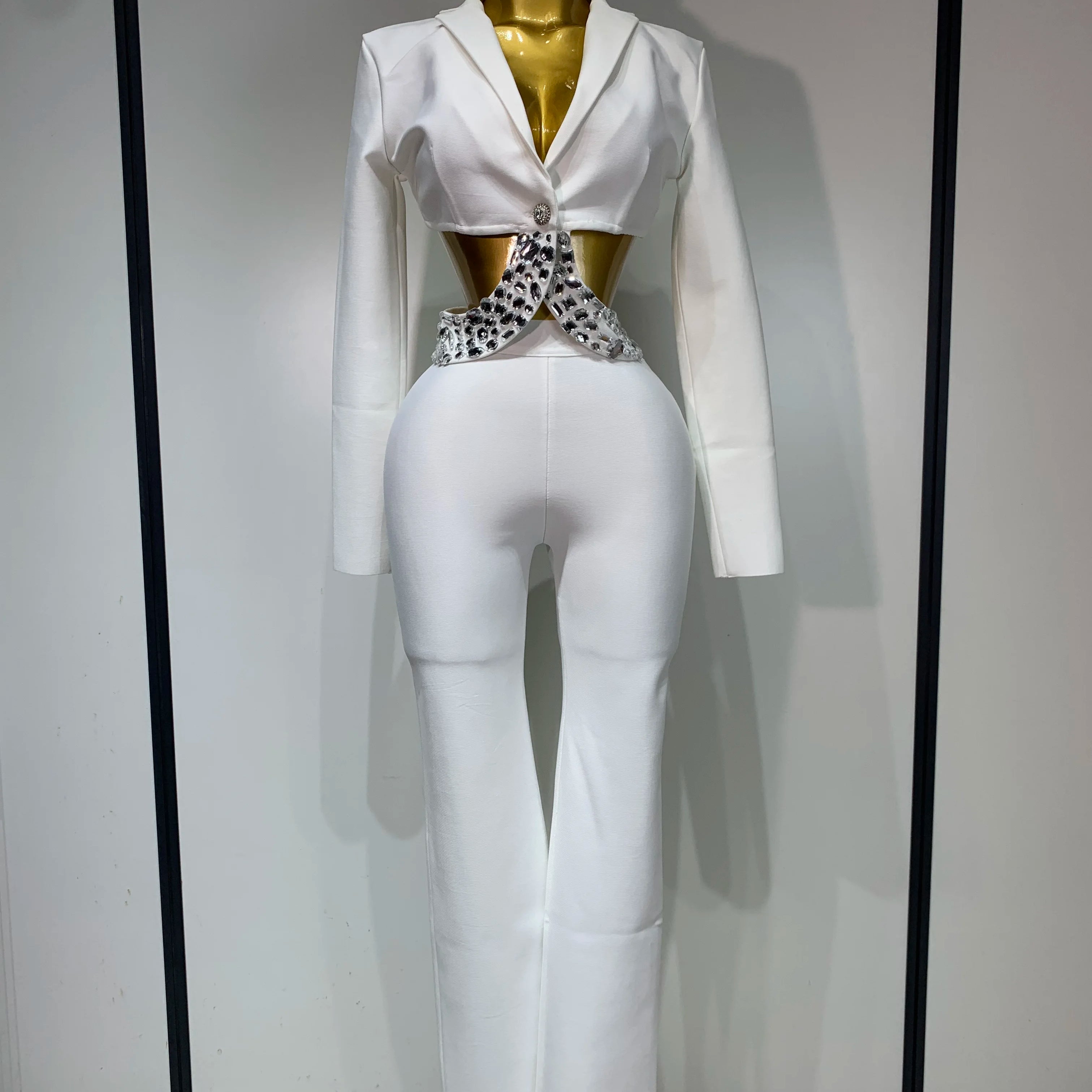 Conjunto feminino sexy com recortes, manga longa, com contas, bodycon, duas peças, calça, bandagem, designer de celebridades, moda feminina, conjunto de aniversário de luxo