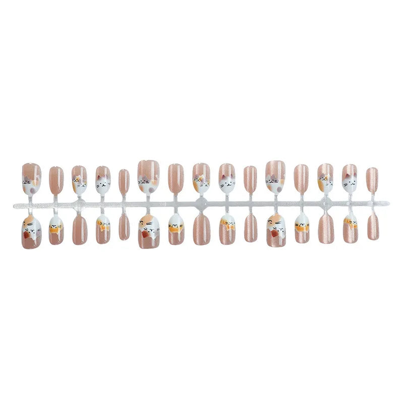 30pcs Cat Eye Cartoon Press on Nails Design False Nail for Women&Girl Short Oval Full Coverage Nail Tips Removable Wearable Nail