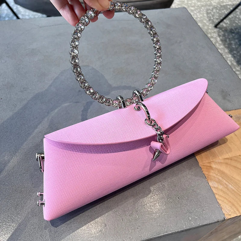 Clutch Bag Luxury Designer Handbag for Women with Chain Metal Ring Handle PU Leather Rhinestones Purses Shoulder Bag