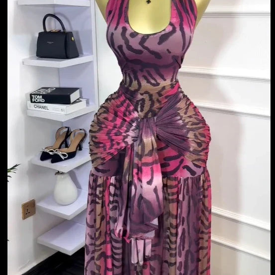 CM.YAYA Women Halter Neck Backless Ruched Stacked Sleeveless Mesh Long Maxi Dress 2025 Birthday Even Sexy Party Dresses Vestidos Light Brown