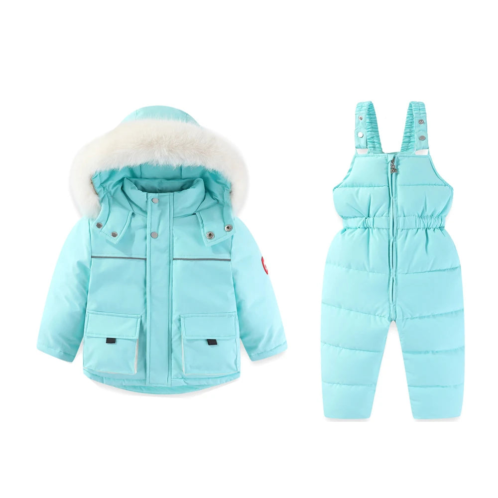 Children's Ski Wear 2 Piece Sets of Windproof Snow Jacket Pants -30C Thick Warm Cotton-padded Clothing Suit Sky blue