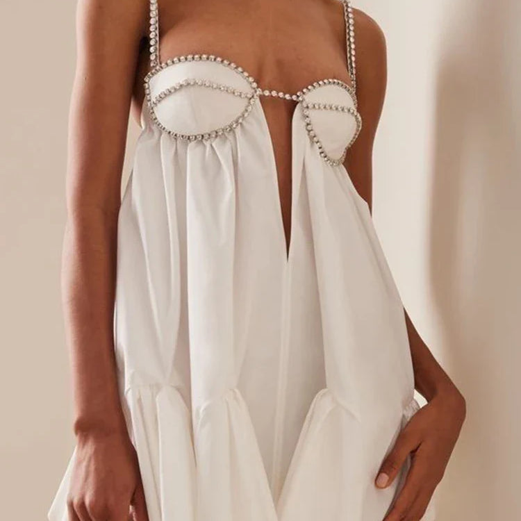 DEAT New Trendy Women's Diamonds Chain Pleated Sling Dress Spring Fashion Off-shoulder Sleeveless Dresses Female 33A1209