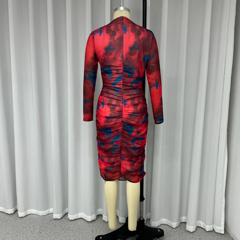 Ellafads Women Midi Dresses Autumn Fashion Hollow Out Long Sleeve Vintage Printed Folds Party Dress Elegant Chic Bodycon Gown