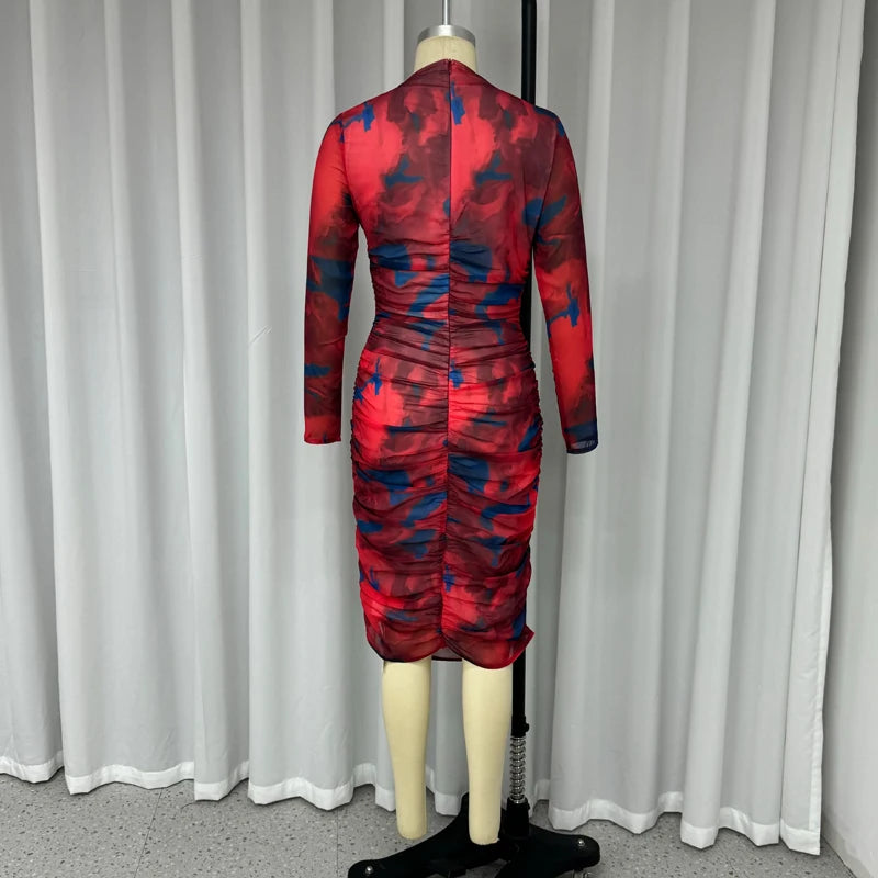 Ellafads Women Midi Dresses Autumn Fashion Hollow Out Long Sleeve Vintage Printed Folds Party Dress Elegant Chic Bodycon Gown