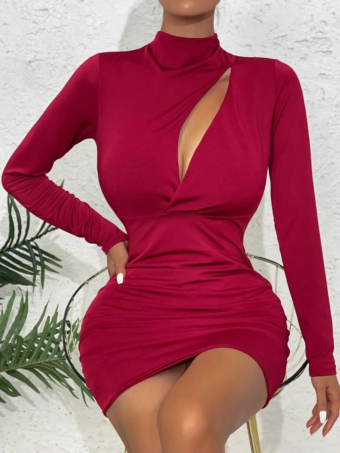 Sexy Long Sleeve High Collar Bodycon Slim Dress Women Solid Color Hollow Out Party Vestidos 2023 New Trend